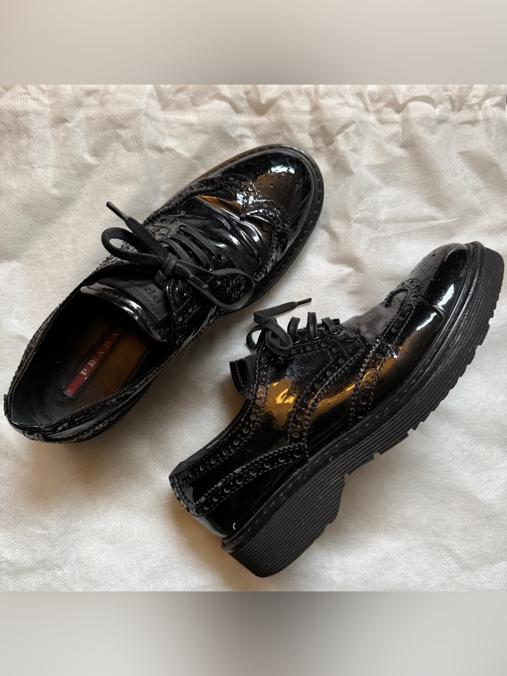 Prada Vintage Black Chunky Patent Leather Lace Up Oxford Brogues - Size 37 / 7